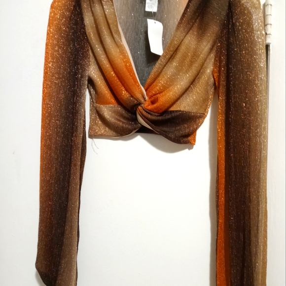 MadRag Multicolor Neutral Sparkle L/Sleeve V Neck Crop Top S - Picture 5 of 6